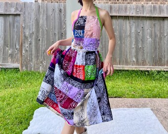 Handmade Quilted Halter Dress – Rainbow Tie-Dye Mix SKU 05296 Tie At Back