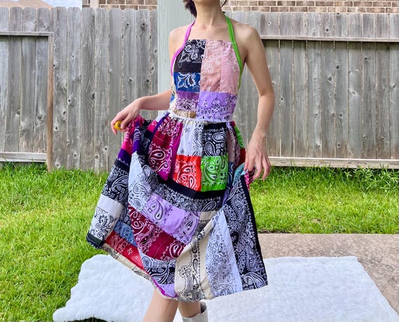 Handmade Quilted Halter Dress - Rainbow Tie-Dye Mix SKU 05296 Tie At Back Handmade Quilted Halter Dress - Rainbow Tie-Dye Mix SKU 05296 Tie At Back