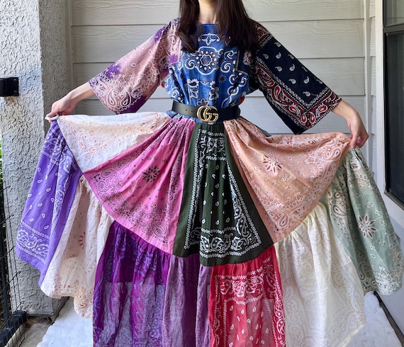 Handmade Earthy Voluminous Maxi Bandana Dress SKU 04024 Red+Blue Handmade Earthy Voluminous Maxi Bandana Dress SKU 04024 Red+Blue