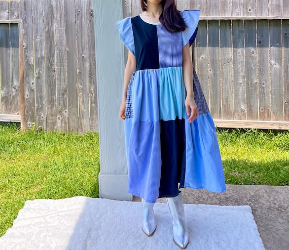 blue and white patchwork dress Prairie Star Quilt Patchwork Handcrafted Heirloom Cotton Dress with Puffed Sleeves and Hidden Pockets