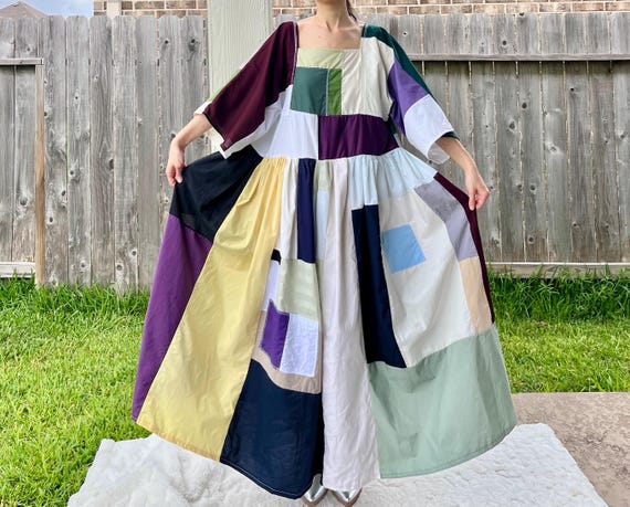 Handmade Quilted Patchwork Colorblock Dress SKU 06047 Green/white/purple -  Etsy Ireland