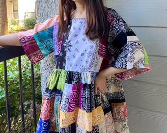 Handmade Rainbow Quilted Bandana Dress SKU 10174 Black&White Split