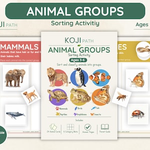 Op de afbeelding: Educatief printbaar spel getiteld "Animal Groups" van Koji Path. Het spel bevat sorteeractiviteiten voor kinderen van 3-6 jaar, met dierenkaarten en categorietegels. Het ontwerp bevat illustraties van verschillende dieren.