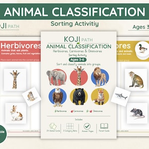 Op de afbeelding: Een afdrukbaar PDF-educatief spel met de titel "Dierenclassificatie" voor kinderen van 3-6 jaar. Het spel sorteert dieren in herbivoren, carnivoren en omnivoren. Bevat dierenkaarten, categorietegels, antwoordpagina's en een ouderhandleiding.