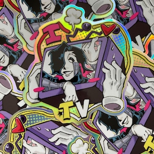 May include: Holographic sticker featuring a cartoon character inside a purple television. The character has black hair and a metallic face. The TV has the word "TV" on it. The sticker has a rainbow border with hearts and other decorative elements.