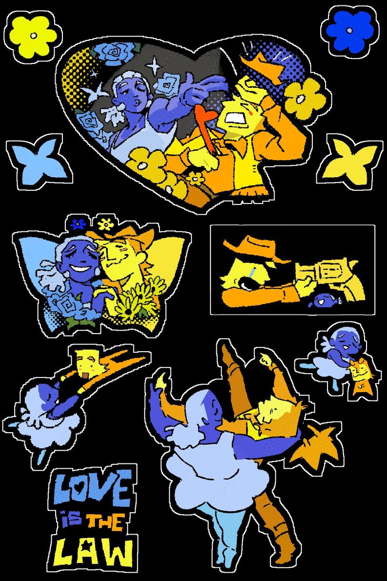 May include: A sticker sheet featuring various illustrations of a blue-skinned character and a yellow-skinned character in different poses, including dancing and embracing, with yellow and blue flowers, butterflies, and the text LOVE IS THE LAW.