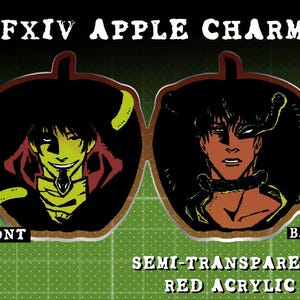 May include: FFXIV Apple Charm featuring two characters from the game. The front shows a character with a red and black outfit and a green snake. The back shows a character with a black and green outfit and a red snake. The charm is made of semi-transparent red acrylic.
