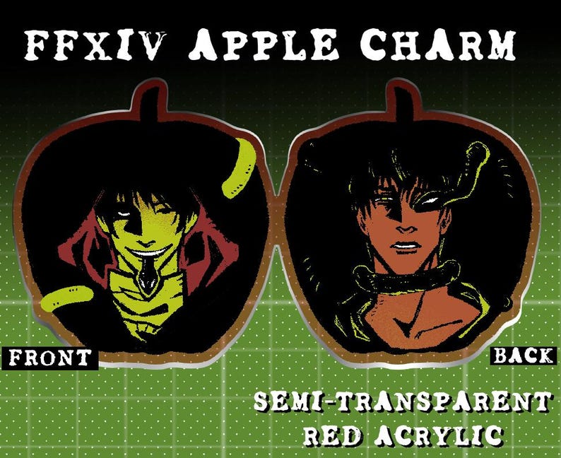 May include: FFXIV Apple Charm featuring two characters from the game. The front shows a character with a red and black outfit and a green snake. The back shows a character with a black and green outfit and a red snake. The charm is made of semi-transparent red acrylic.