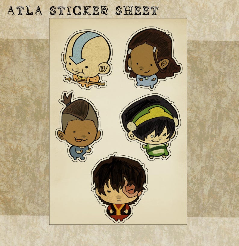 K&ouml;nnte beinhalten: Ein Stickerbogen mit Cartoon-Illustrationen von Charakteren aus Avatar: Der Herr der Elemente. Der Bogen enth&auml;lt f&uuml;nf Charakteraufkleber mit unterschiedlichen Gesichtsz&uuml;gen und Kleidung, vor einem beigefarbenen Hintergrund. Der Text "ATLA STICKER SHEET" steht oben.