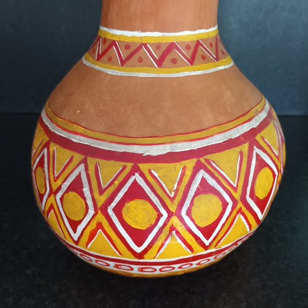 vintage Africain Grande Gourde Calebasse Sculptée Cruche Vase Peint à la Main Art Tribal