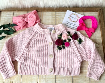 Baby Sweater, Hand Embroidered Sweater, Button Down Sweater, Sweater with Roses, Baby Shower Gift, Gift for Baby, Cropped Baby Sweater,Roses