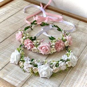 Flower Crowns, Floral Tiaras, Flower Girl Crown, Bridesmaid Crown, First Communion Crown, Floral Crowns for Baby, Wedding Crown, White &Pink image 1