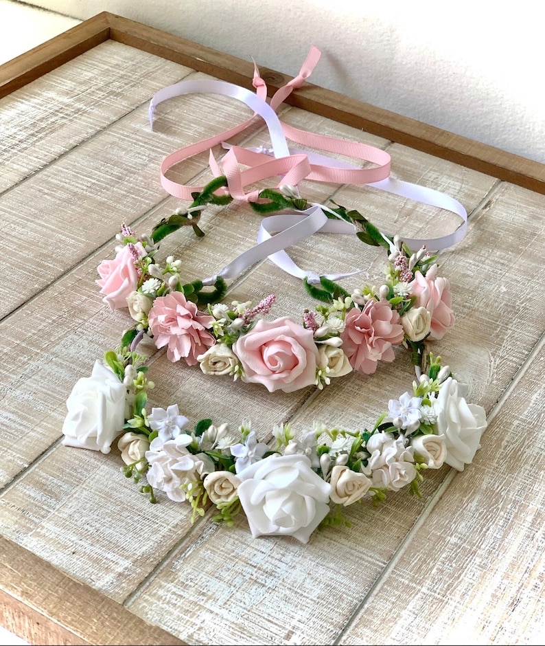 Flower Crowns, Floral Tiaras, Flower Girl Crown, Bridesmaid Crown, First Communion Crown, Floral Crowns for Baby, Wedding Crown, White &Pink image 1