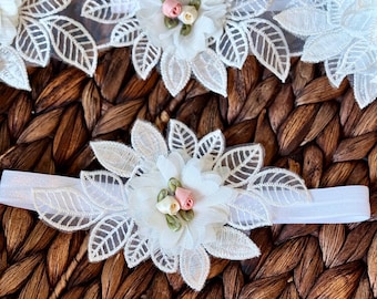 Lace Flower Hair Piece, Lace Baptism Bow, Floral Bow, Formal Bow for Baby, Lace Bow, Baby Bow on Elastic Band, Formal Hair Bow for Baby