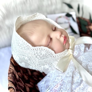 Baby Bonnet, Cotton Baby Cap, Scalloped Edge Baby Hat, Lace Cap, Tie Cap for Baby, Baptism Hat, Christening Cap, Newborn Hat, Off-White Cap