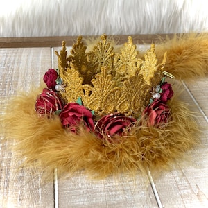 Gold Lace Crown, Floral Crown, Birthday Crown, Crown for Baby,Cake Smash Crown, Glitter Crown, Mini Lace Crown, Crown with Flowers, Cake Top