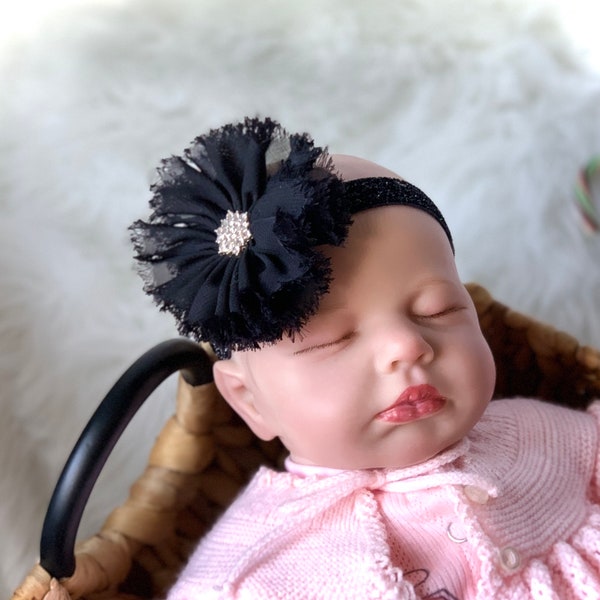 Chiffon Fabric Bows, Christening Bows, Bows with Rhinestones, Black Bow, Ivory Bow, Chiffon Hair Bows, Children's Formal Bow, Bows for Baby