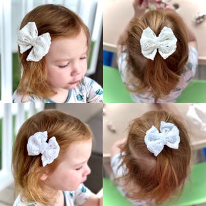 White Lace Hair Bow, Cotton Lace Hair Bow, White Hair Bow, White Baptism Bow, Gift for Baby, Wedding Bow for Girl, Bow with Rhinestone/Pearl