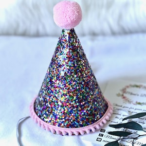 Birthday Hat, Cake Smash Hat, First Birthday Hat, Rainbow Party Hat, Pompom Birthday Hat, Hat with Number, Child&#39;s Birthday Hat, Cake Topper