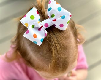 Polka Dot Bow, Botique Style Hair Bow, Ribbon Hair Bow, Bow with Dots, Bow for Baby, Gift for Girls, Toddler Hair Bow, Grosgrain Hair Bow