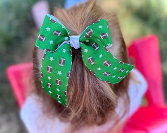 Football Hair Bow, Sports Hair Bow, Green Football Bow, Hair Bow with Footballs, Super Bowl Hair Bow, Eagles Foitball Hair Bow, Clip On Bow