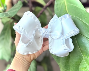 White Ribbon Hair Bow, Jumbo Hair Bow, 6-Inch Hair Bow, Southern Big Bow, Large Hair Bow, Big Bow Headwrap, Double Ribbon Bow, Clip On Bow