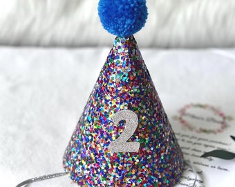 Birthday Hat, Cake Smash Hat, Happy Birthday Hat, Rainbow Party Hat, Pompom Birthday Hat, Hat with Number, Child's Birthday Hat, Cake Topper