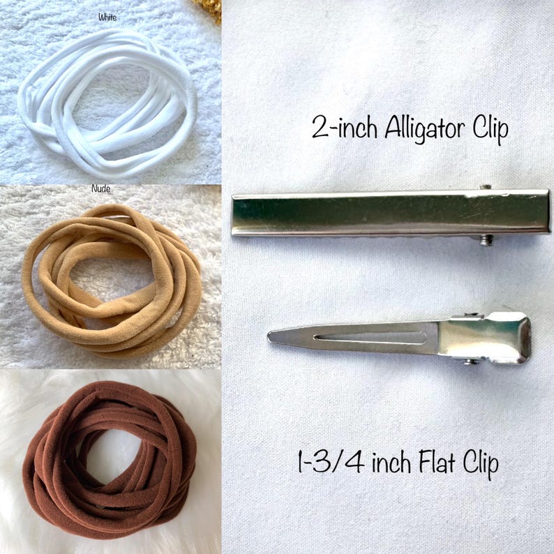 May include: An assortment of hair accessories, including white, nude, and brown elastic bands, and two metal hair clips. The text reads "2-inch Alligator Clip" and "1-3/4 inch Flat Clip."