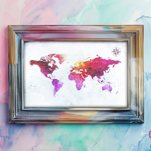 Water Color Theme Printable World Map, Digital Download Map, World Wall Map, World Map with Cities, World Map Art, World Map Poster