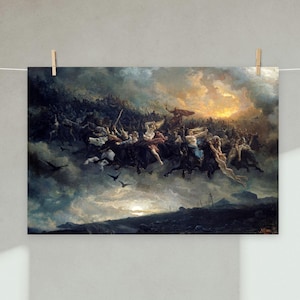 May include: A print of a dramatic painting depicting a battle scene in the sky. The artwork features figures on horseback, warriors, and angels amidst dark clouds and a golden light. The print is hung with wooden clips on a white string.