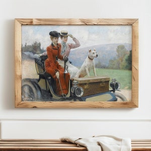 1897 年、ブローニュの森のプジョーの荷馬車に乗った金細工師の女性たち、ジュリアス ルブラン スチュワート作 ポスター | ヴィンテージ ドッグ ペインティング プリント