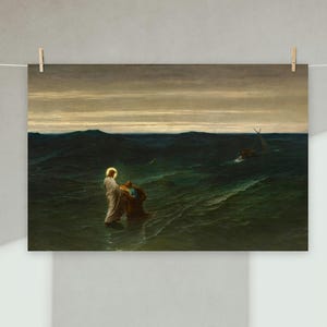 May include: A print of a religious painting showing two figures in a stormy sea. One figure, with a halo, stands in the water with another figure. A boat sails in the distance under a cloudy sky. The print is suspended on a washing line.