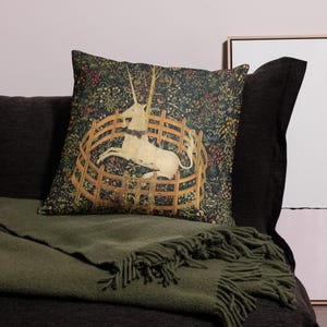 The Unicorn Rests in a Garden Throw Pillow | Medieval Tapestry