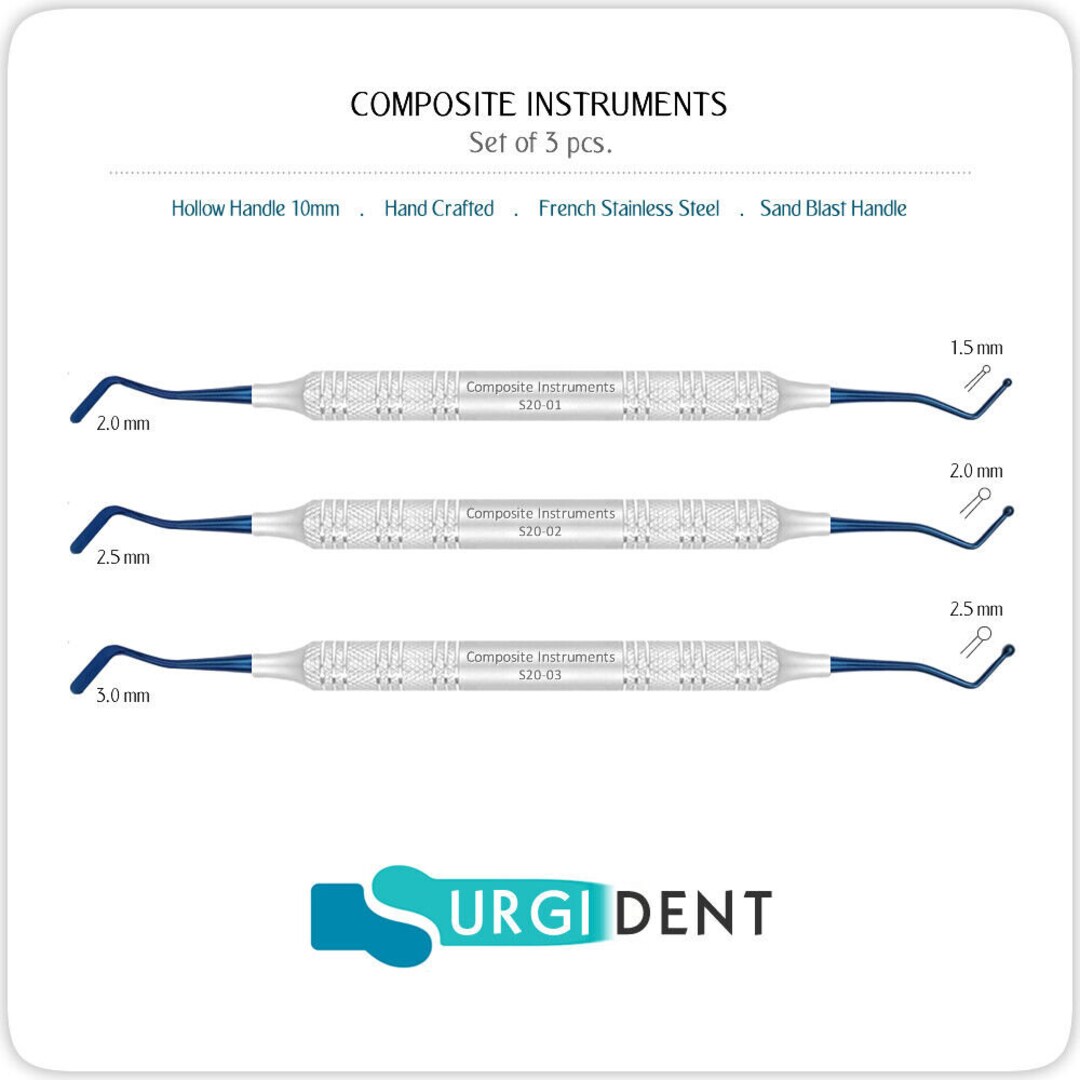 Slake 3-Piece Dental Composite Filling Instrument Set – Flat Plastic, Ball Tip Burnisher, Blue Titanium Tips