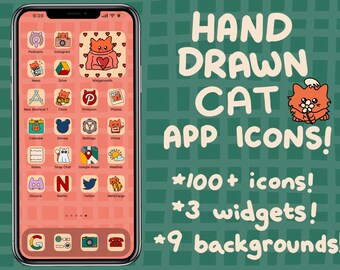 May include: A phone screen with a pink background and a grid of colorful app icons featuring hand-drawn cats. The text "HAND DRAWN CAT APP ICONS!" is displayed above the icons. The text "*100+ icons! *3 widgets! *9 backgrounds!" is displayed below the icons.