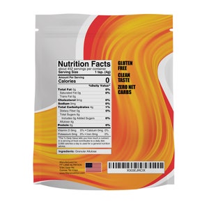 May include: A white and orange pouch with a nutrition facts label. The label states that the product is gluten free, clean taste, and zero net carbs. The product is granular allulose and is manufactured by Fit Lane Nutrition.