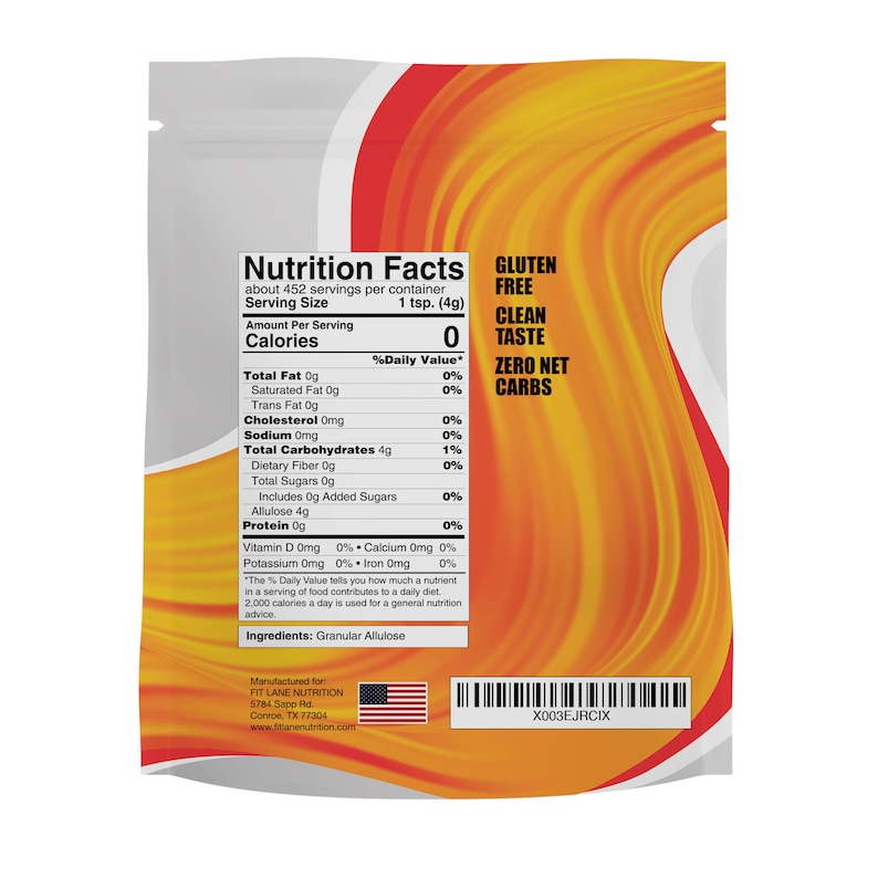 May include: A white and orange pouch with a nutrition facts label. The label states that the product is gluten free, clean taste, and zero net carbs. The product is granular allulose and is manufactured by Fit Lane Nutrition.