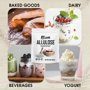 May include: A bag of allulose sweetener with a white powder inside. The bag is labeled "Fit Lane Allulose Sweetener" and has a net weight of 64 ounces (1814 grams). The image also shows various food items, including baked goods, dairy products, beverages, and yogurt.