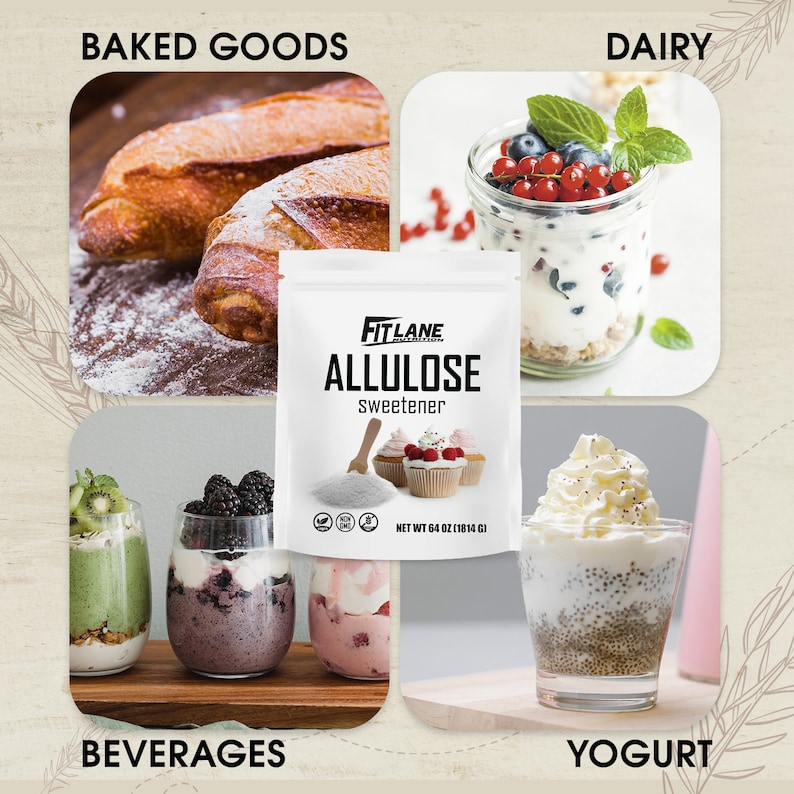 May include: A bag of allulose sweetener with a white powder inside. The bag is labeled "Fit Lane Allulose Sweetener" and has a net weight of 64 ounces (1814 grams). The image also shows various food items, including baked goods, dairy products, beverages, and yogurt.