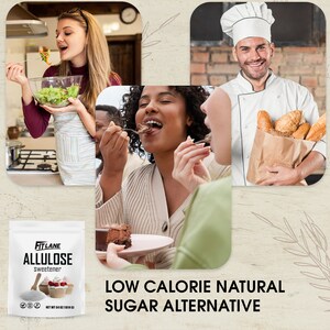 May include: A bag of Fit Lane Allulose sweetener, a low calorie natural sugar alternative. The bag is white with blue and red accents. The text "Fit Lane Allulose Sweetener" is printed on the front of the bag. The bag is sitting on a table with a plate of chocolate cake and a fork. Three people are eating in the background.
