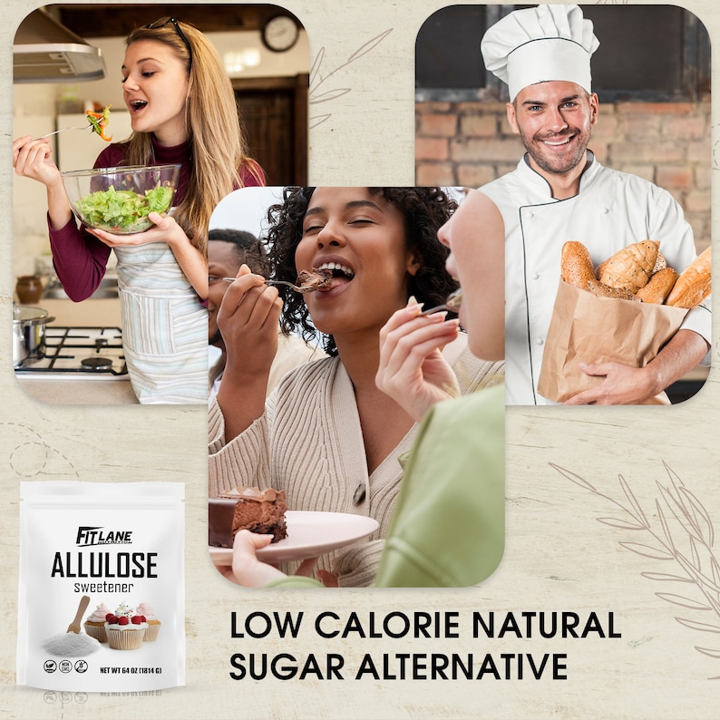 May include: A bag of Fit Lane Allulose sweetener, a low calorie natural sugar alternative. The bag is white with blue and red accents. The text "Fit Lane Allulose Sweetener" is printed on the front of the bag. The bag is sitting on a table with a plate of chocolate cake and a fork. Three people are eating in the background.
