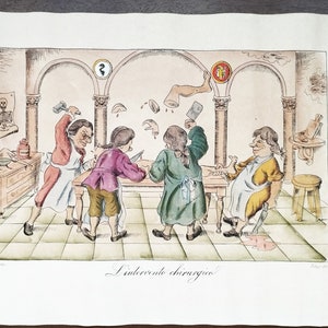 copie ancienne de la lithographie médicale satirique antique P.Folli « Procédure Sergical » imprimée sur le papier florentin antique. Coloré à la main.