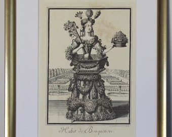 Habit de Bouquetiere. Vintage print (1980s), printed copy of famous engraving of the Flower seller's costume by Nicolas de Larmessin I