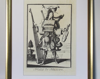 Habit de Musicien. Vintage print (1980s), printed copy of famous engraving of the Musician costume by Nicolas de Larmessin I