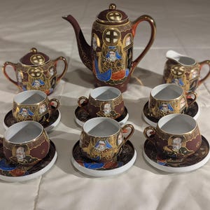 Vintage 1950s Satsuma &quot;immortals&quot; Moriage 17pc Tea/Sake Set with Lithophane Geisha Cups