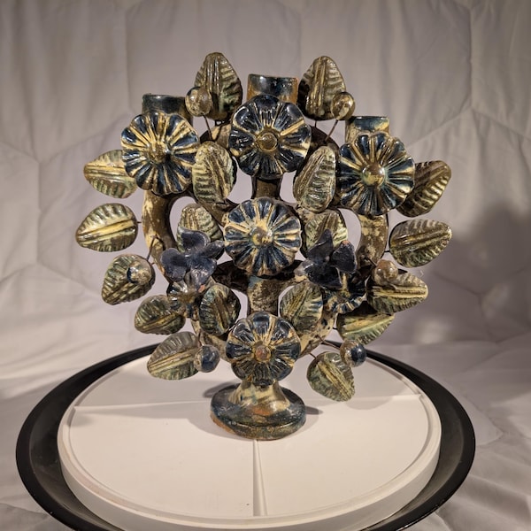 Vintage Mexican Folk Art Tree of Life Ceramic Candle Holder Sculpture
