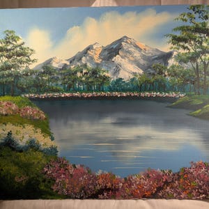 Original Acrylic Mountain Lake Landscape Painting with Flowers - 16x20 Canvas Signed by Artist