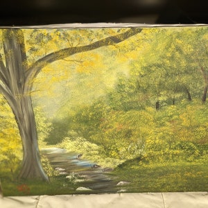 Impressionist Oil or acrylic landscape painting on stretched canvas. Vintage Signed original unframed artwork of green forest, calm stream.