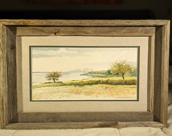 Impressionist Watercolor Painting in Rustic Frame. Vintage Signed Original Artwork of New England Coast. Vibrant Colorful Artwork from Maine