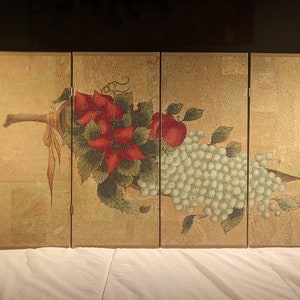 Byobu Small folding screen watercolor painting on cork paper. Vintage Chinese, Japanese, or Asian folding watercolor artwork of fruit